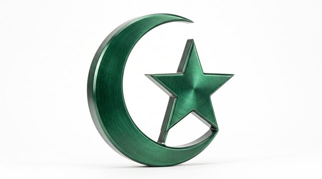 Metallic green crescent moon and star symbol, a spiritual emblem representing Islam and Muslim faith, isolated on a clean white background, ideal for religious and cultural design projects.