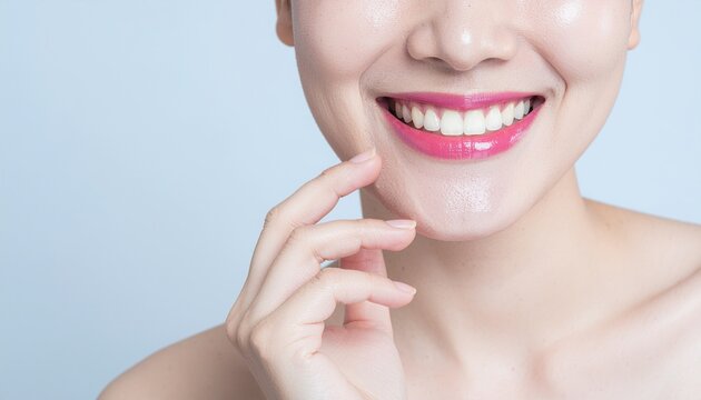 Close-up of a radiant woman touching her chin with a genuine smile showing healthy white teeth, emphasizing dental care and skincare concepts for beauty clinics.