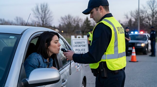 Police officer administering sobriety breath test to driver during traffic checkpoint operation with patrol car lights and orange road safety cones at dusk.