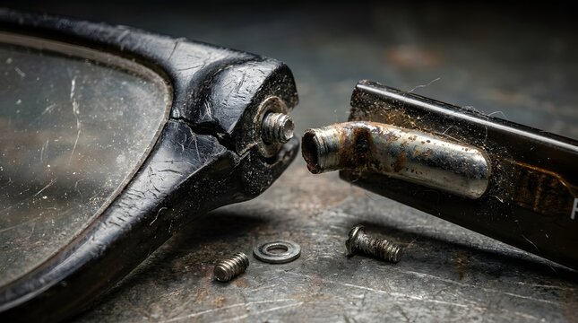Close-up of broken eyeglasses hinge with exposed rusty metal, loose screws, and washer on a dirty, textured surface.