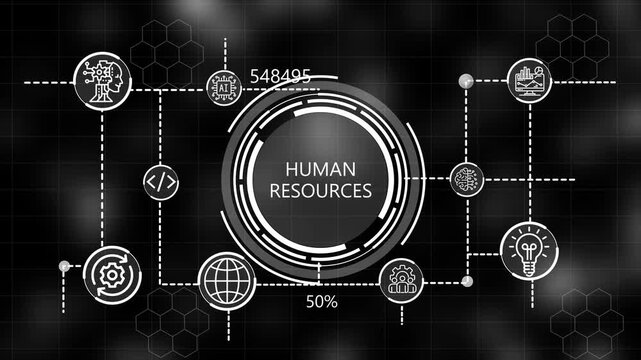 Business, Technology, Internet and network concept. A glowing neon human resources concept surrounded by smaller icons for ai and manufacturing .4k video 