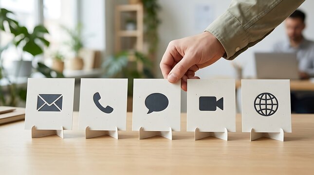 Hand selecting contact method icon card from row