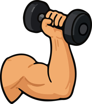 Biceps flexing arm lifting dumbbell vector illustration for fitness, gym workout, bodybuilding, and muscle strength