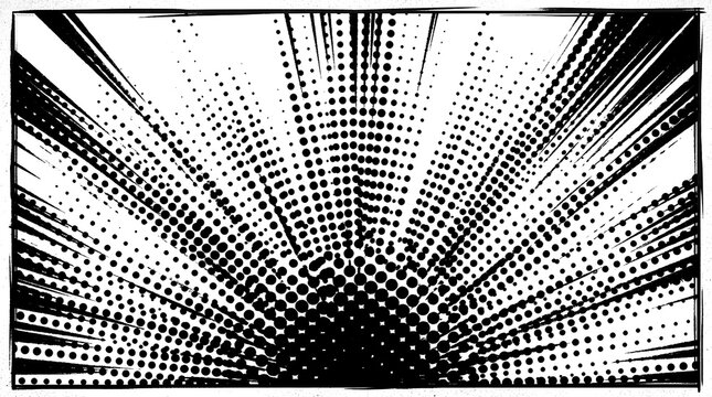 Dramatic comic book burst with radial halftone rays.