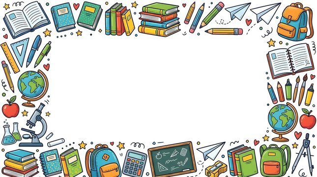 School supplies frame border design with backpacks books and science equipment