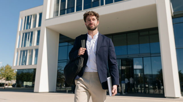 Professional with Laptop Bag and Notebook Arriving at Modern Training Center Entrance