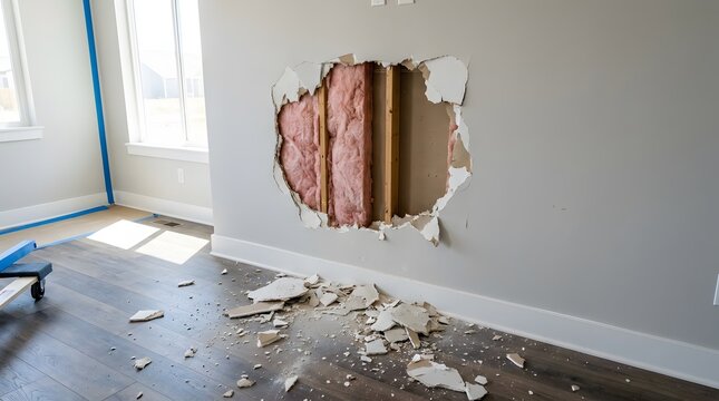 Damaged Interior Wall with Large Hole Revealing Pink Insulation and Wooden Studs During Home Renovation Project