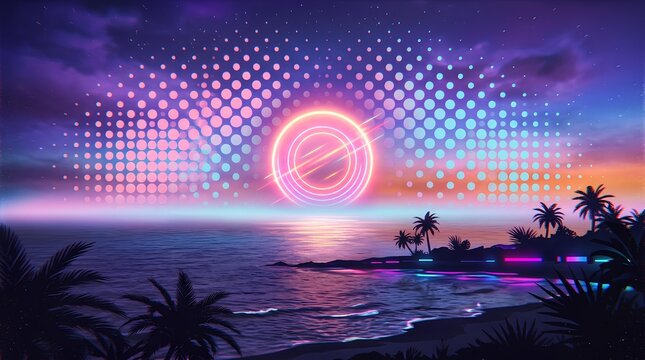 Retro synthwave beach sunset with neon halftone sky.