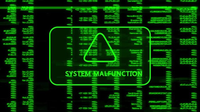 A warning message written 'SYSTEM MALFUNCTION' on the background of a computer screen interface, scrolling lines of green code data, cybersecurity risk and system warning animation.