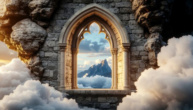 Surreal view of a mystical mountain peak through an ancient gothic stone window floating above clouds