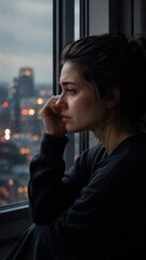 Fototapeta premium Vertical side-profile photograph of a sad crying young woman with tears on her cheek looking out a window at bokeh city lights during dusk.