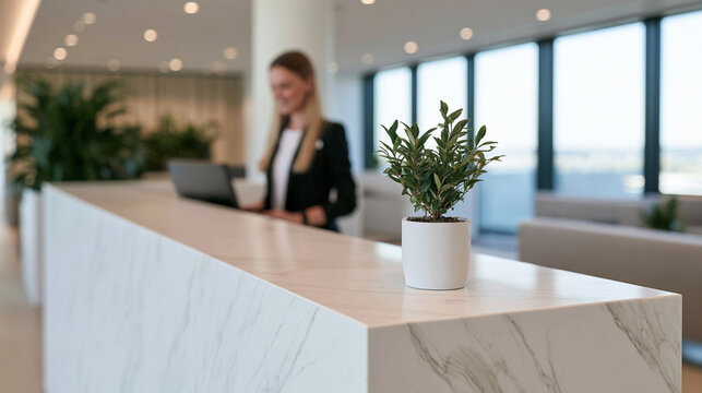 Premium Banking Service: Reception Desk with Blurred Consultant and Client in Modern Branch