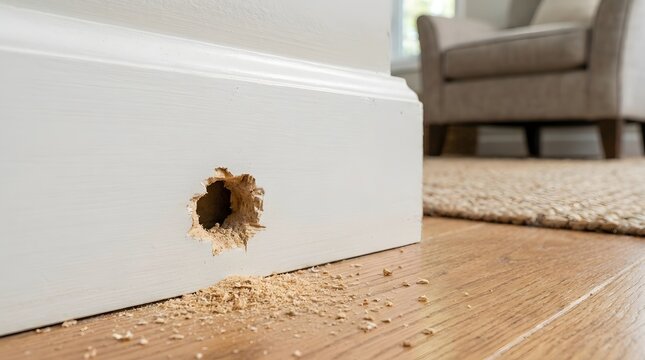 Mouse hole in white baseboard with wood shavings on wooden floor, indicating rodent or pest damage in a home.