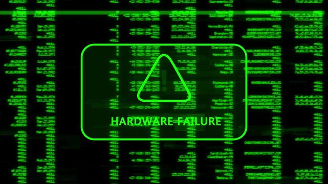 A warning message written 'HARDWARE FAILUR' on the background of a computer screen interface, scrolling lines of green code data, cybersecurity risk and system warning animation.