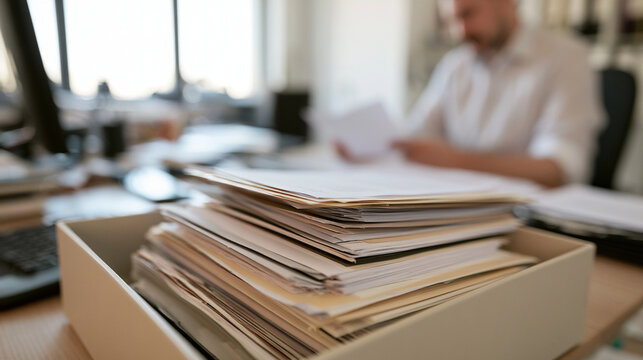 Organized Documents in Desktop Organizer with Blurred Professional Reviewing Paperwork