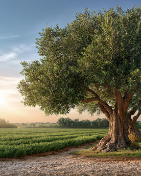 Ancient olive trees beside halophyte crop rows in saline Mediterranean landscape showcasing climate adaptive farming and quiet luxury sustainability