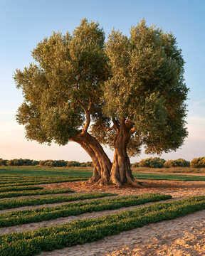 Ancient olive trees beside halophyte crop rows in saline Mediterranean landscape showcasing climate adaptive farming and quiet luxury sustainability