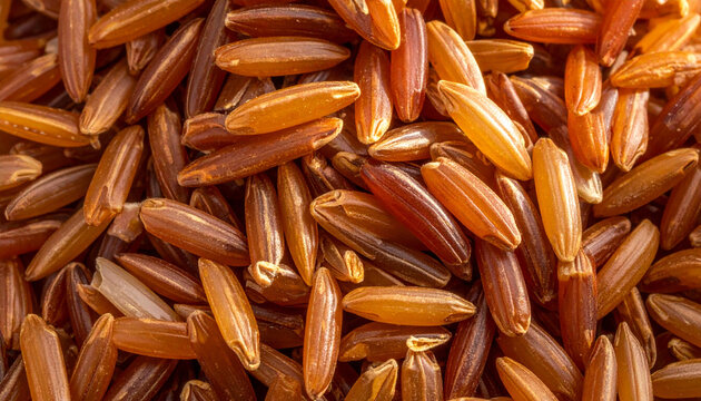 Full-frame close-up macro texture of raw red rice grains (Oryza sativa). Detailed background shot highlighting uncooked whole grain reddish-brown rice, rich cereal texture, healthy organic food.