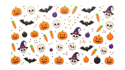 Fototapeta premium Cute halloween pattern featuring pumpkins skulls bats and carrots isolated on transparent background