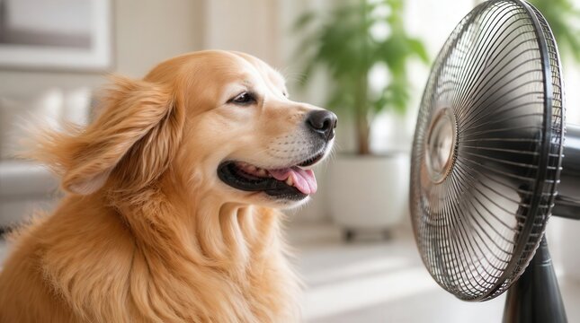 Golden retriever cooling off with an electric fan during a summer heat wave in a bright room.