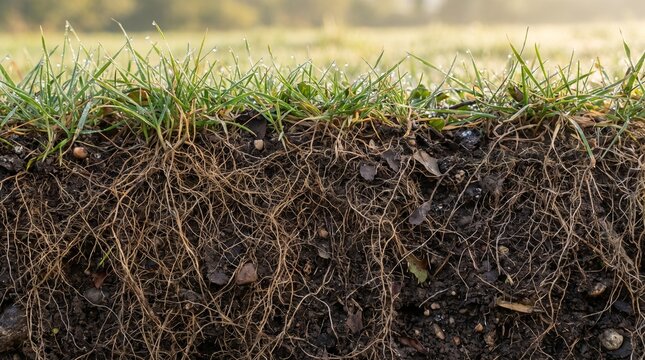 Close-up cross-section of fresh green grass with morning dew and complex root systems embedded in fertile soil.