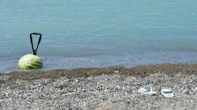Whole watermelon in net bag anchored by shovel handle in turquoise sea water with pair of light flip flops on dark pebble beach shore and copy space