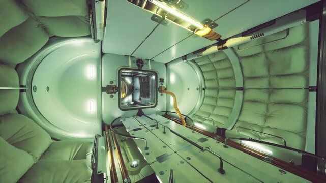 Life support module space station hoses and filters visible, ventilation tubing, pumps and scrubber units in green tinted interior, utilityfocused layout