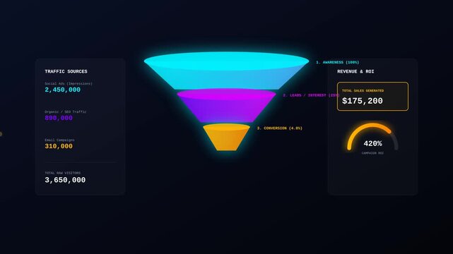 Digital Marketing Conversion Funnel Graphic Showing Traffic Sources and Revenue Performance Metrics
