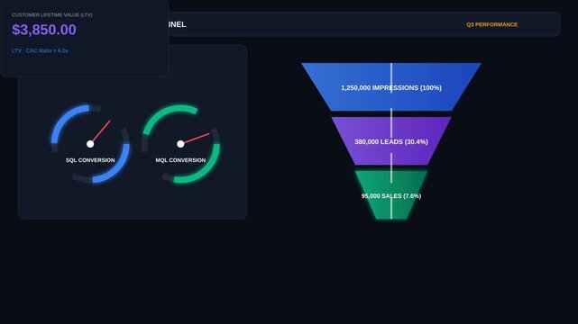 Digital Marketing Funnel Dashboard Showing Sales Conversion Metrics and Customer Lifetime Value Data