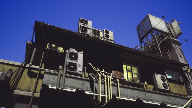 Rooftop HVAC units with tank and piping, visible compressors and condensers mounted on platform, utility ladder and maintenance access, urban rooftop mechanics