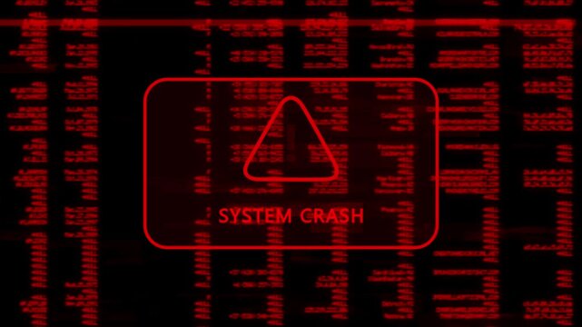 A warning message with 'SYSTEM CRASH' written in red on the background of a computer screen interface, along with a scrolling line of red code data, cybersecurity risk and system warning animation.
