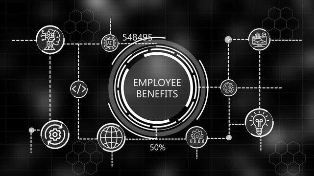 Business, Technology, Internet and network concept. A glowing neon employee benefits concept surrounded by smaller icons for ai and manufacturing .4k video 