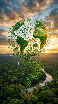 Countless green leaves flying together to form the shape of the Earth above the Amazon rainforest, representing the connection between biodiversity, climate stability and humanity