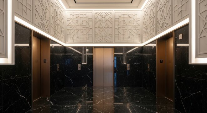 Modern Elevator Lobby with Elegant Lighting and Marble Accents.