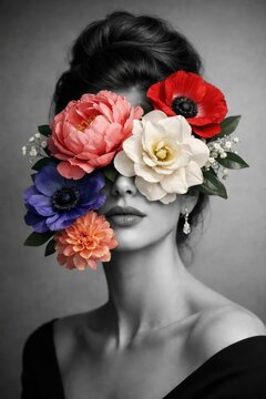 Woman with flowers covering eyes, black and white with colored blooms.