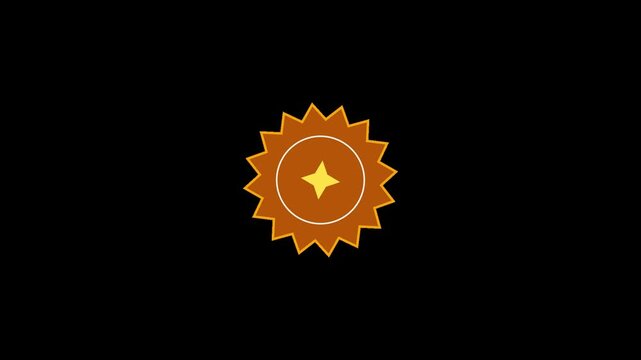 Orange sun shaped badge icon with four pointed star in center moving no background.