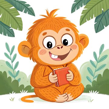 Happy cartoon monkey reading a book outdoors