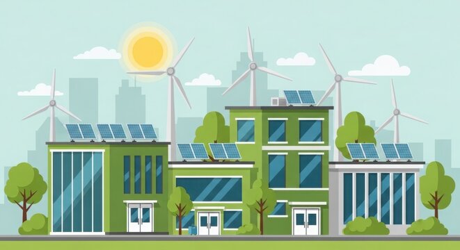 Modern eco friendly factory building with solar panels and wind turbines illustration
