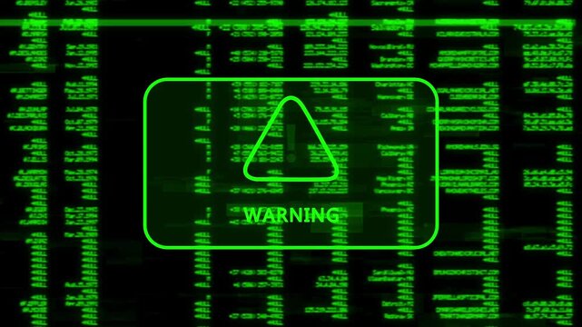 A warning message written 'WARNING' on the background of a computer screen interface, scrolling lines of green code data, cybersecurity risk and system warning animation.