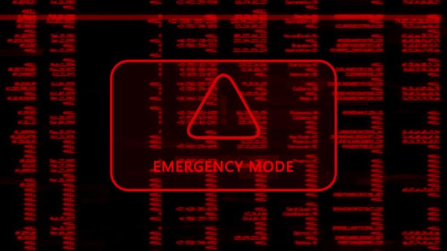A warning message with 'EMERGENCY MODE' written in red on the background of a computer screen interface, along with a scrolling line of red code data, cybersecurity risk and system warning animation.