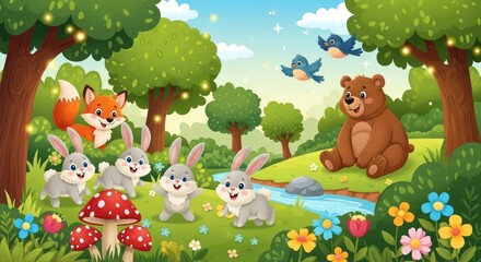 Fototapeta premium Enchanted Forest Animals Gathering by Stream.