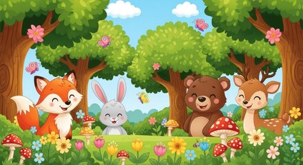Fototapeta premium Cute Woodland Animals in a Vibrant Forest Scene.