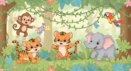 Fototapeta premium Cute Jungle Animals Cartoon Illustration.