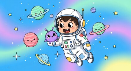 Naklejka premium Cute Astronaut with Alien and Planets in Space.