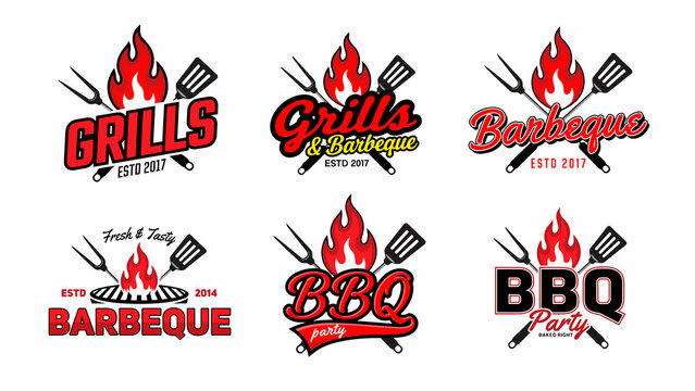 Collection of vintage grill restaurant badges with crossed cooking utensils.