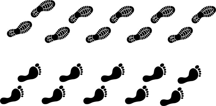 Shoeprint and barefoot tracks walking forward in black and white.