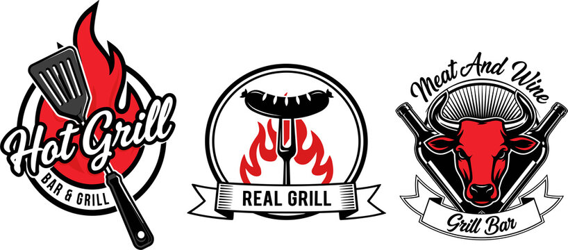 Three retro barbecue restaurant badges with flames, sausage, and bull.