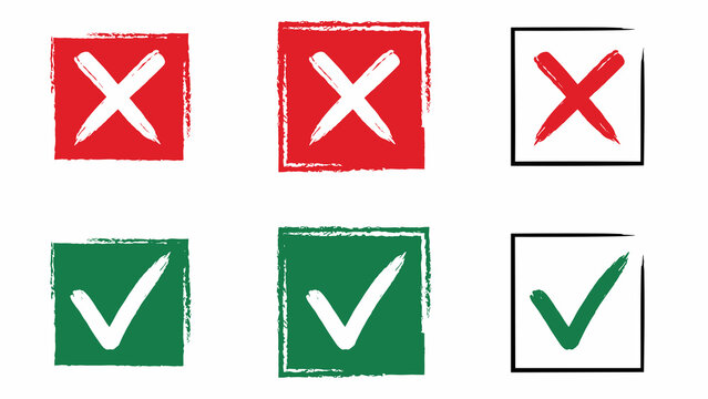 Vector brush stroke checkmark and cross marks set in red and green.