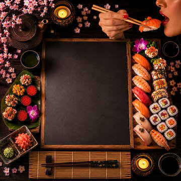 Comiendo sushi con palillos y pizarra carta editable para texto con sashimi y maki de pescado crudo, arroz y marisco