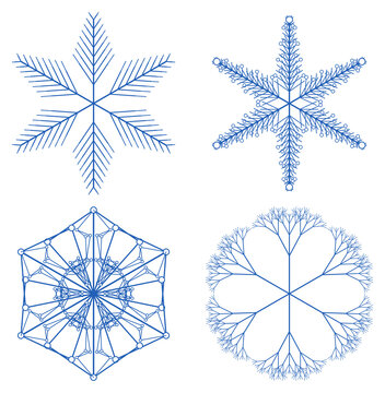 Snowflakes icons. Flake crystal silhouette collection. Happy new year, xmas, christmas. Snow, holiday, cold weather, frost. Winter design elements. Vector illustration. Transparent PNG version.